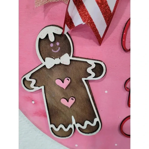 Gingerbread Kissed and Peppermint Wishes Wooden Round 15" Christmas‎ Door Hanger - Picture 2 of 5